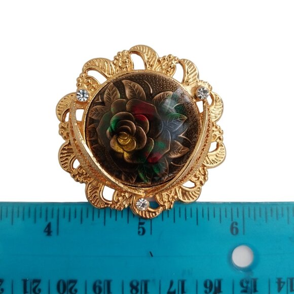 Vintage Round Brooch Gold Tone Filigree With Rose Inset and Rhinestones Like New - Picture 6 of 6